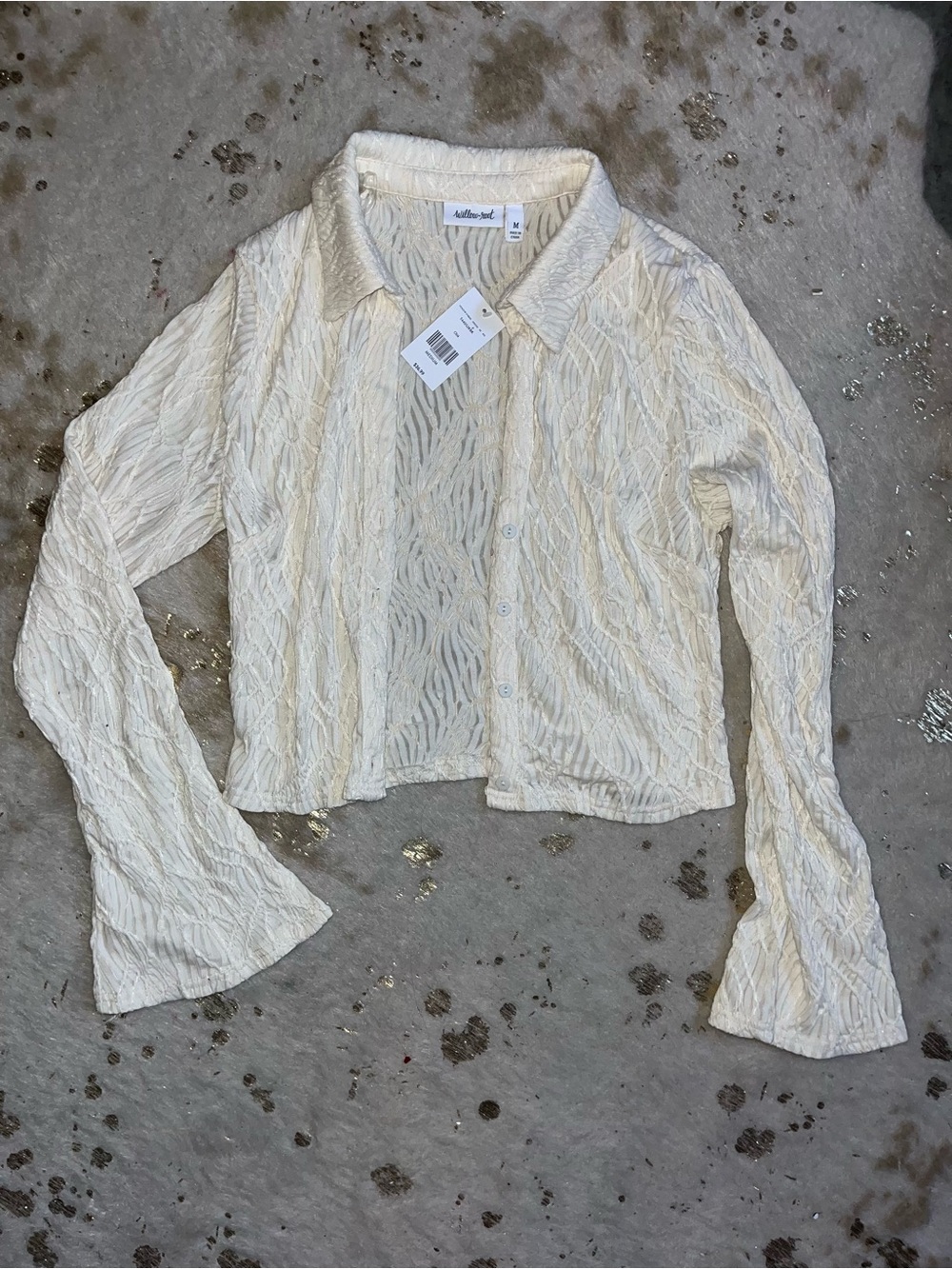 Cream Button-Down Cropped Sheer Textured Shirt - Picture 1 of 4